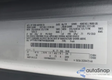 2019 Ford Transit-250 from USA, damaged, VIN 1FTYR1YM7KKB20309